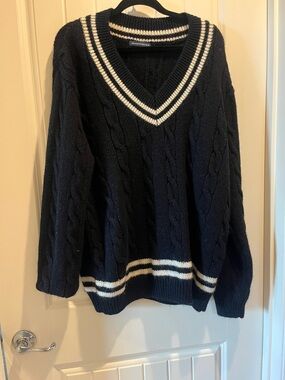 Brandy Melville Navy Blue Cable Knit V-Neck Sweater with Cream Stripes